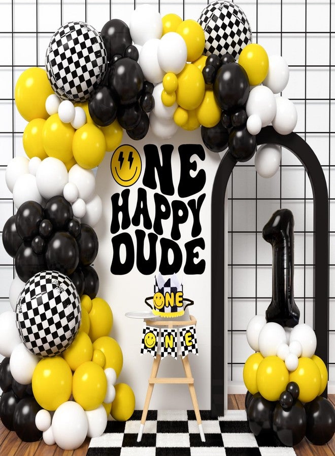 Winrayk One Happy Dude Birthday Decorations, First 1st Birthday Decorations Boy, Balloon Arch Kit/ 1st Crown Hat/ Smile Banner/ Checkered & Number 1 Foil Balloons, Toddler One Year Old Boy Party Decor - Image 1